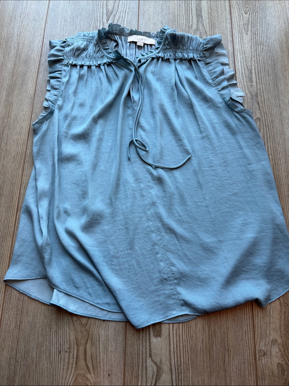 LOFT Dusty Blue Ruffle Tie-Neck Sleeveless Top